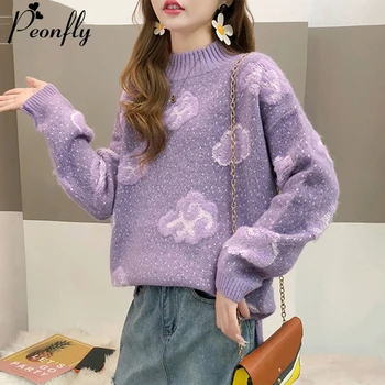 

PEONFLY Beautiful Loose Winter Sweater Women 2020 Korean Cute Knitted Pullover Jumper Female Thick Warm Knitwear Purple Pink