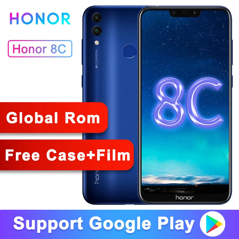 Honor 8C Global Rom, 3 слота, Face ID, 6,26 дюймов, Восьмиядерный процессор Snapdragon 632, 13 МП, двойная камера заднего вида, 4000 мАч, мобильный телефон