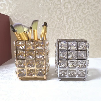 

European Makeup Brush Storage Holder Organizer Gold Crystal Makeup Pen Tube Storage Pot Desk Table Decor Home Office Storage Box