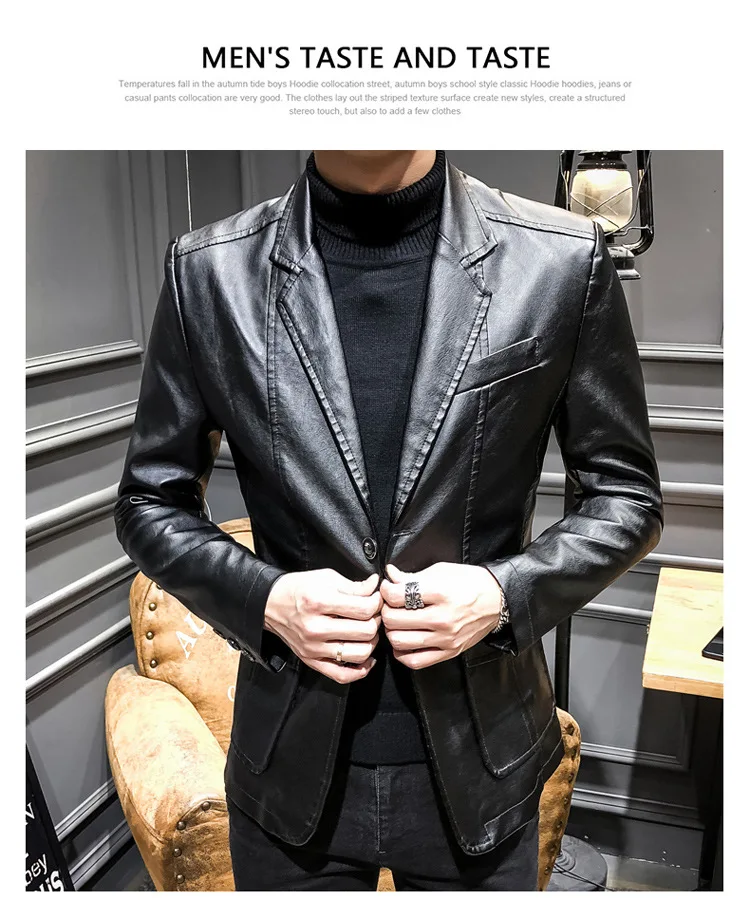 Super Hot Selling Ouma Autumn And Winter New Style Men Slim Fit Fold-down Collar Versatile Pu Small Suit Men's Fold-down Collar