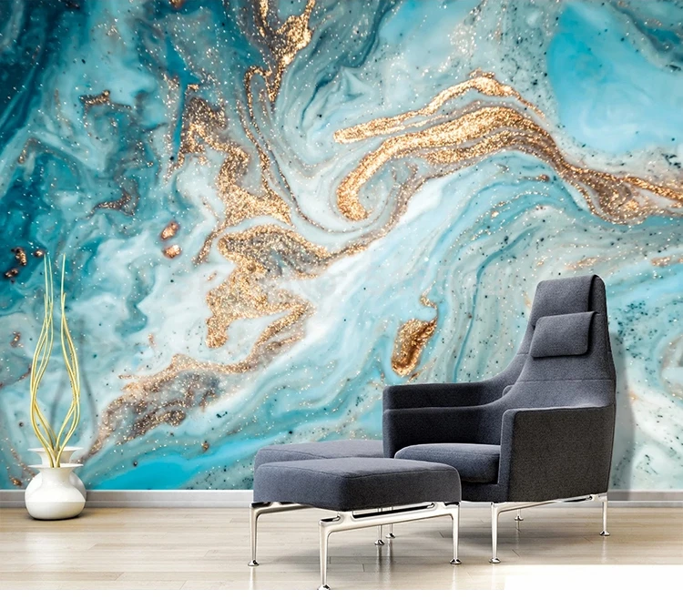 Пользовательские 3D Настенные обои синие чернила ландшафтное Искусство Настенная живопись абстрактная Золотая мраморная текстура живые комнатные обои домашний декор