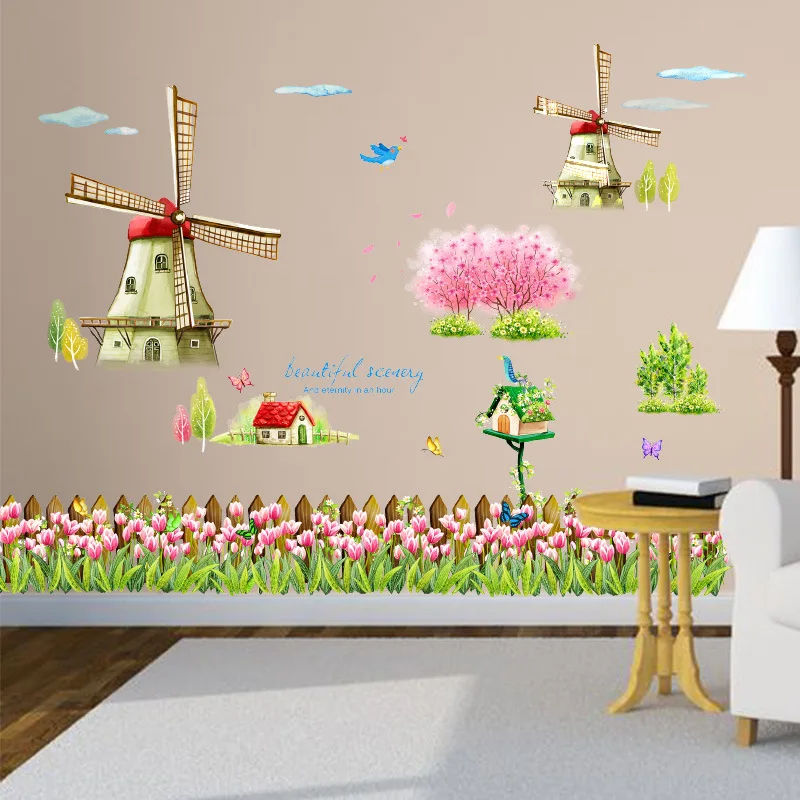 1110 наклейки на стену Голландская мельница цветок тюльпана красивые и Креативные украшения для детской комнаты