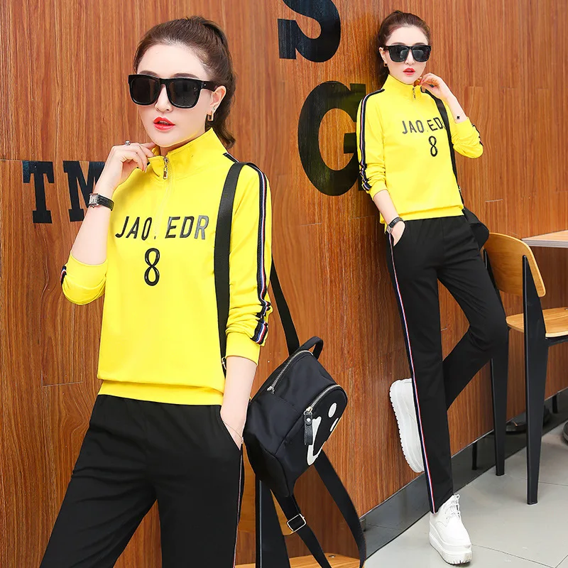 

2018 Autumn New Style Long Sleeve Trousers Women's Slim Fit Running Students Sports Set Cotton Fashion Pullover Casual Work Clot