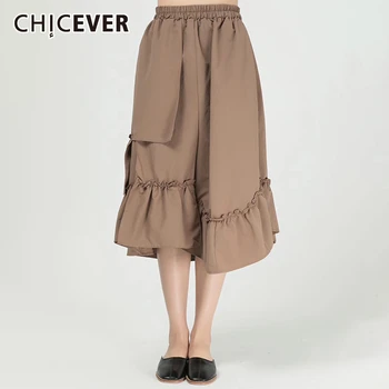 

CHICEVER Patchwork Ruched Trousers For Women Elastic High Waist Calf Length Wide Leg Pants 2020 Summer Fashion New Clothing