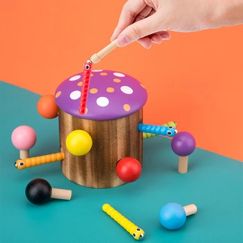 

Baby Wooden Toys Mushroom Catch Worms Game Mushrooms Inserted Blocks Educational Toys For Children Kids Early Learning Birthday