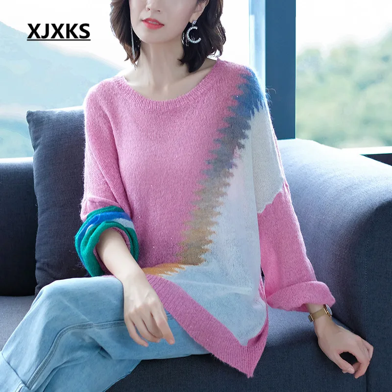 

XJXKS Knitted Free size Sweater Women Loose Pink Patchwork Thin O-Neck Pullover Jumpers Stylish Spring Autumn Female Tops