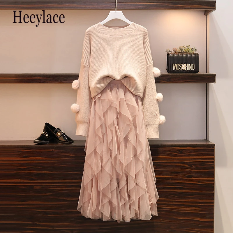 Большие размеры вязаные свитера с длинными рукавами и эластичные длинные юбки