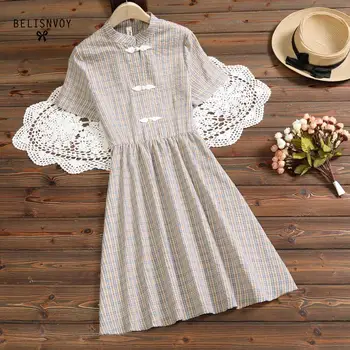 

Chinese National Style Summer Mini Dress Plaid Femininos Vestidos Cotton Linen Dress For Women Girl's College Vintage Dress