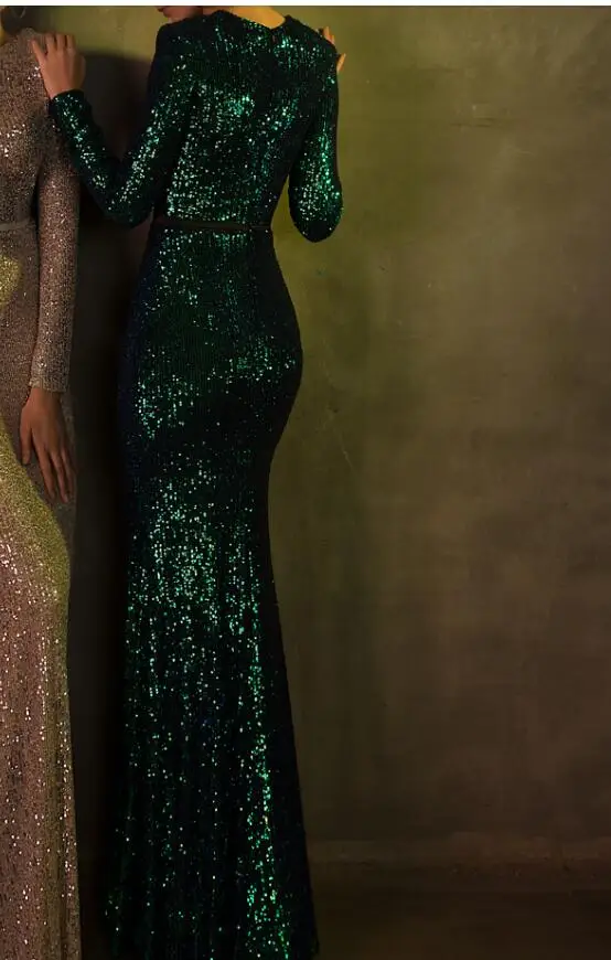 gold evening gowns Ngụy Âm AE0453 Đen Hồi Giáo O Cổ Lấp Lánh Sequin Bling Xanh Nàng Tiên Cá Tầng Dài Dạ Hội Váy ĐầM Dạ HộI petite formal dresses & gowns Evening Dresses