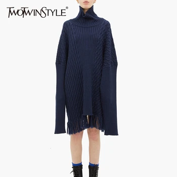 

TWOTWINSTYLE Vintage Patchwork Tassel Knitting Sweater For Female Turtleneck Long Sleeve Striped Loose Pullovers Women 2020 Tide