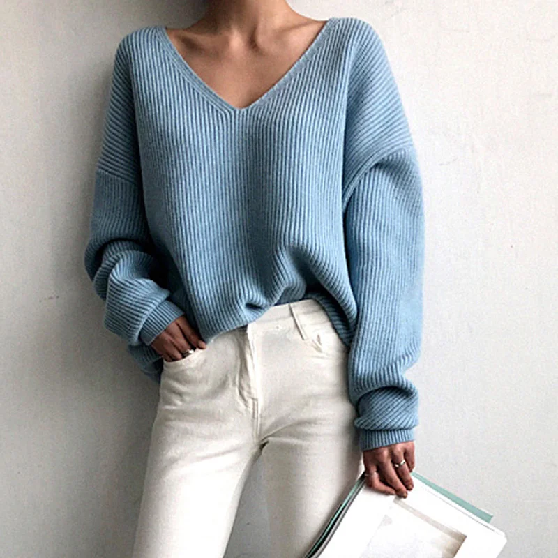 

2019 Korea Simple Sweater V-neck Loose Wild Lazy Wind Hem Irregular Solid Color Bottoming Sweater V-neck