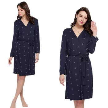 

Women Robe Long Sleeve V-Neck Nighties Belt Sleepwear Modal Cotton Robes Bath robe Dressing Female Homewear Navy Blue