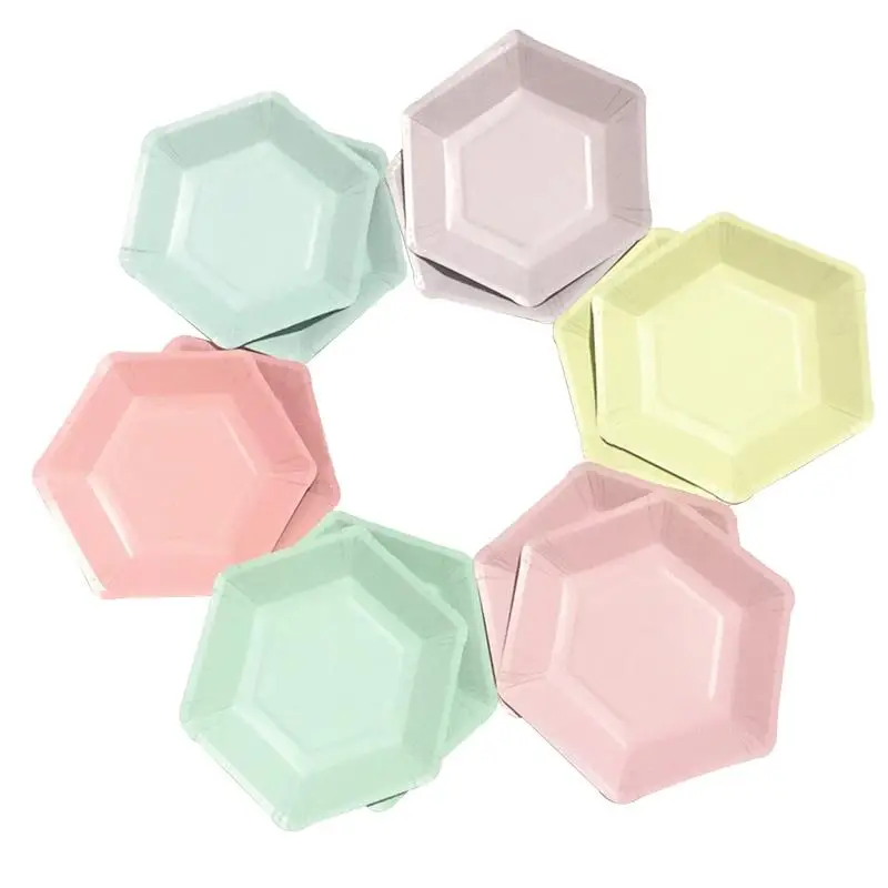 

12pcs Macaron Six Color Disposable Paper Plates Hexagon Paper Tray Decorations for Wedding Birthday Party Supplies Decorative