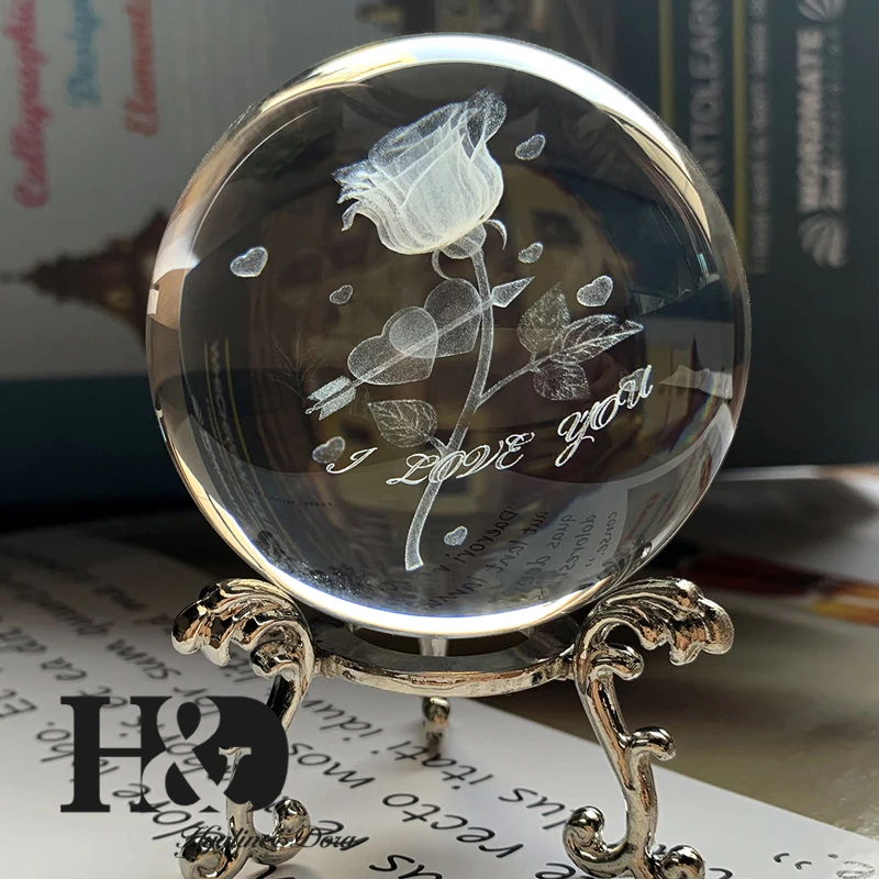 H D Boule De Cristal 3d Gravee Au Laser Boule De Verre Cupidon Rose D Amour Sphere Miniature Accessoires De Decoration Pour La Maison Avec Support 60mm Aliexpress
