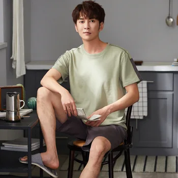 

Solid Color Pajamas Male Summer Pure Cotton Short Sleeve Thin Men Tracksuit Summer Loose BOY'S Large Size Sports Set