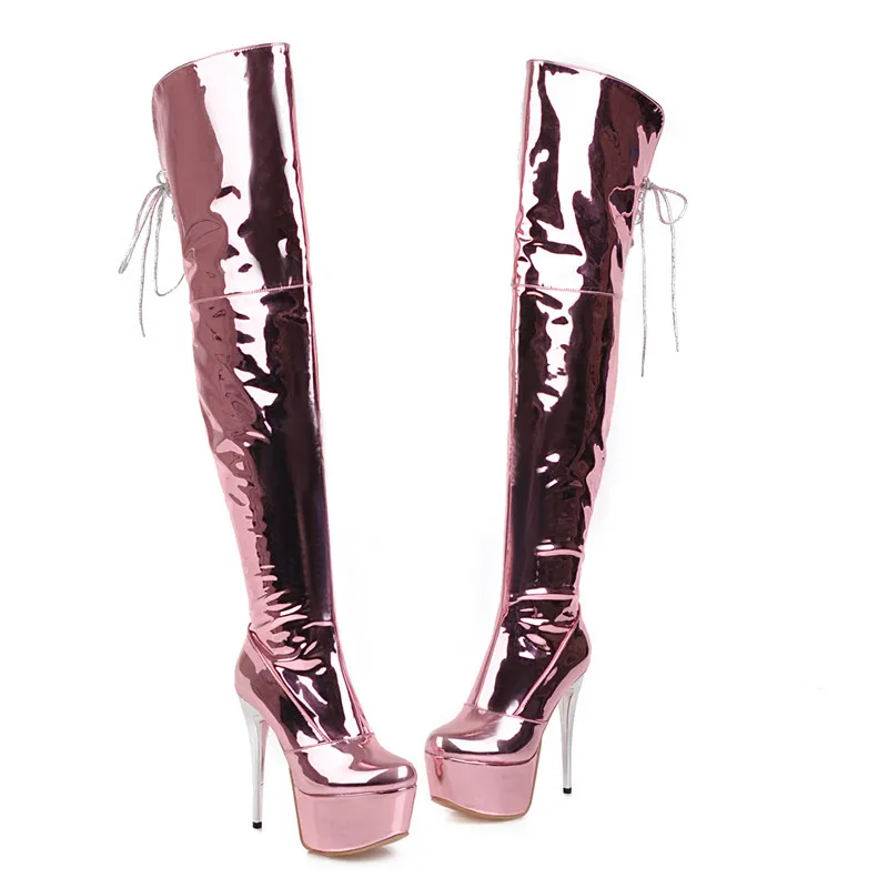 women's 14cm extremely high stiletto heels night club dance thigh high boots ladies platform shiny silver over-the-knee boots 48