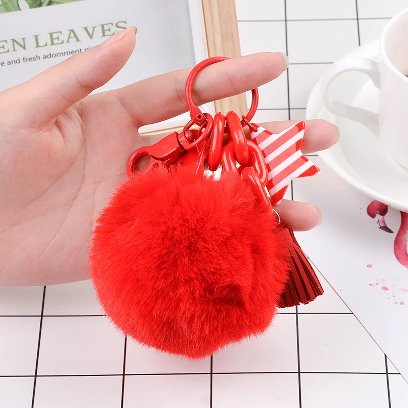 Cute Fluffy Keychain Women Girl Faux Rabbit Fur Pompom Round Ball Key ...