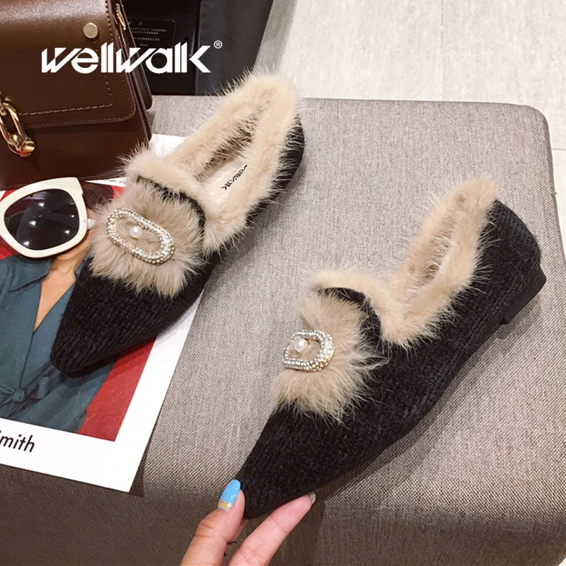 Fur Women Shoes Rhinestone Buckle Decoration Winter Furry Moccasins Chic Stylish Pointed Toe Ballet Flats _ - AliExpress Mobile