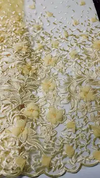 

Hot selling African french tulle lace fabrics high quality yellow beaded Nigerian Swiss Guipure net fabric for women JU213