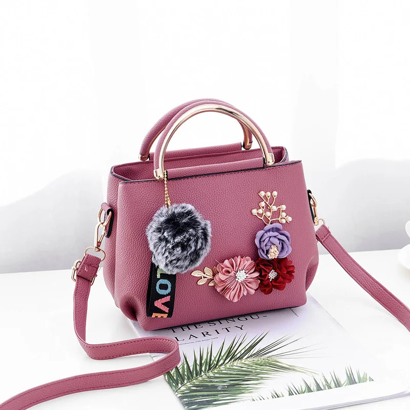 Женская кожаная сумка дизайнерская сумка-тоут с цветочным рисунком, сумка с заклепками, подвеска с меховым шариком, женская сумка на плечо, женская сумка с лямкой через плечо - Цвет: Pink