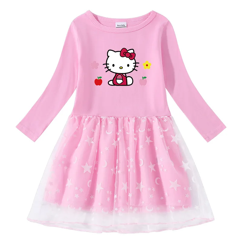 thumbnail image 1 of Hello Kitty lindo estampado de dibujos animados niños algodón moda plisada princesa vestido estrella Luna hilo neto manga larga casual niñas falda, 1 of 5