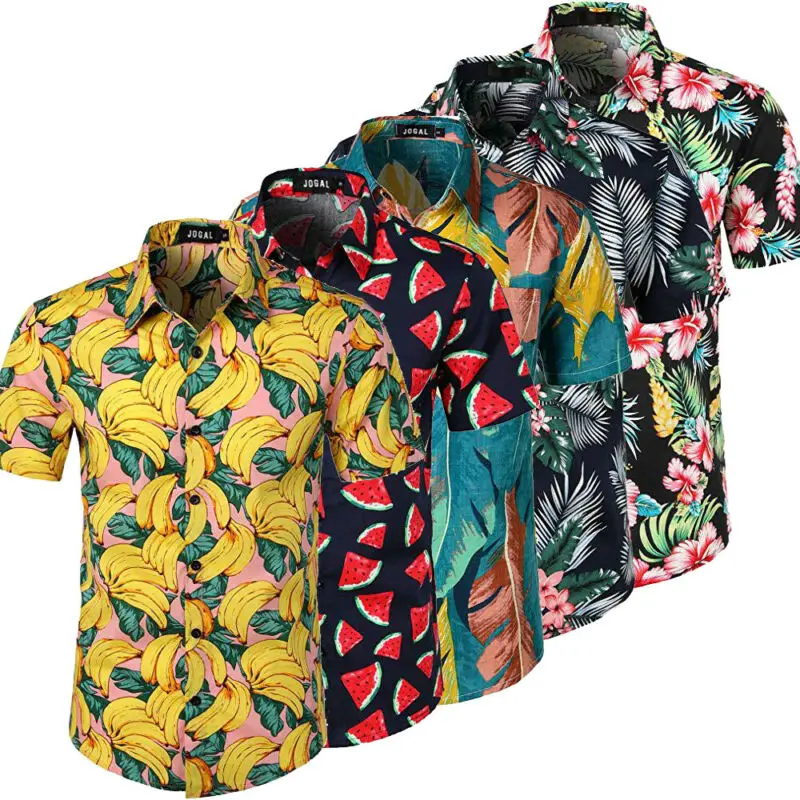 FRPE-Men Plus Size Summer Short Sleeve Button up Floral Print Hawaiian Shirt