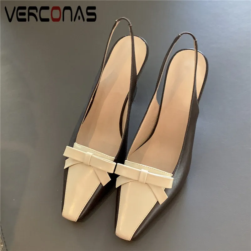 

VERCONAS 2020 Woman Sandals High Quality Woman Pumps Summer Genuine Leather Butterfly-Knot Square Toe Strange Heels Shoes Woman