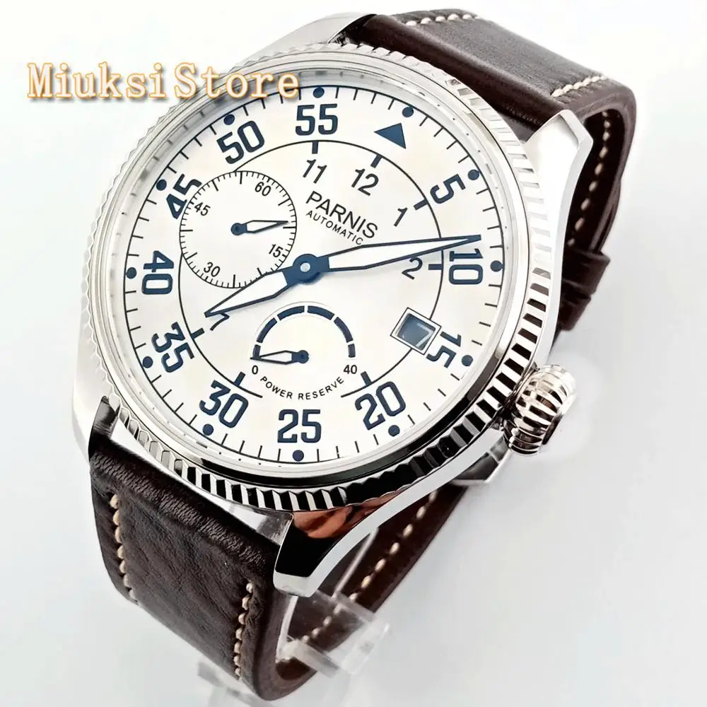 

Parnis 45mm men's top mechanical watches silver case white dial date power reserve Sea gull automatic movement Wrist Watch