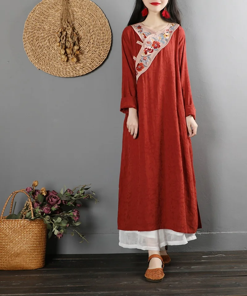 Retro Dress Stand Collar Long Sleeve Loose Casual Robe Vintage Femme Chinese Style Cheongsam Cotton Linen Women Dresses TA2092