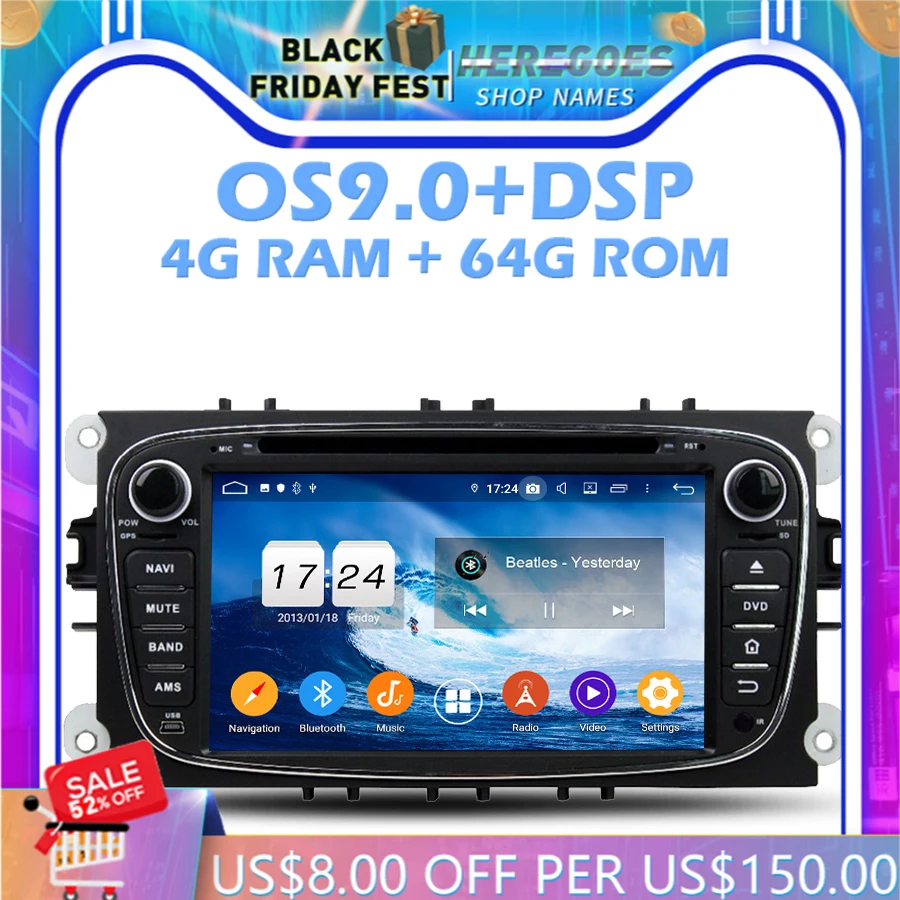 

IPS DSP Android 10.0 4GB RAM + 64GB ROM + 8 CORE Car DVD Player Wifi Bluetooth 4.2 RDS RADIO GPS Map For Mondeo Tourneo Transit