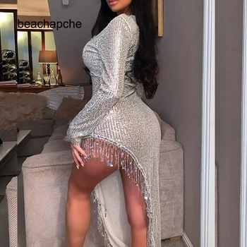 

2020 Sexy Elegant Party Deep V-neck Tassel Dress Sprint Long Sleeve High Waist Split Sequined Bodycon Midi Clubwear Dresses