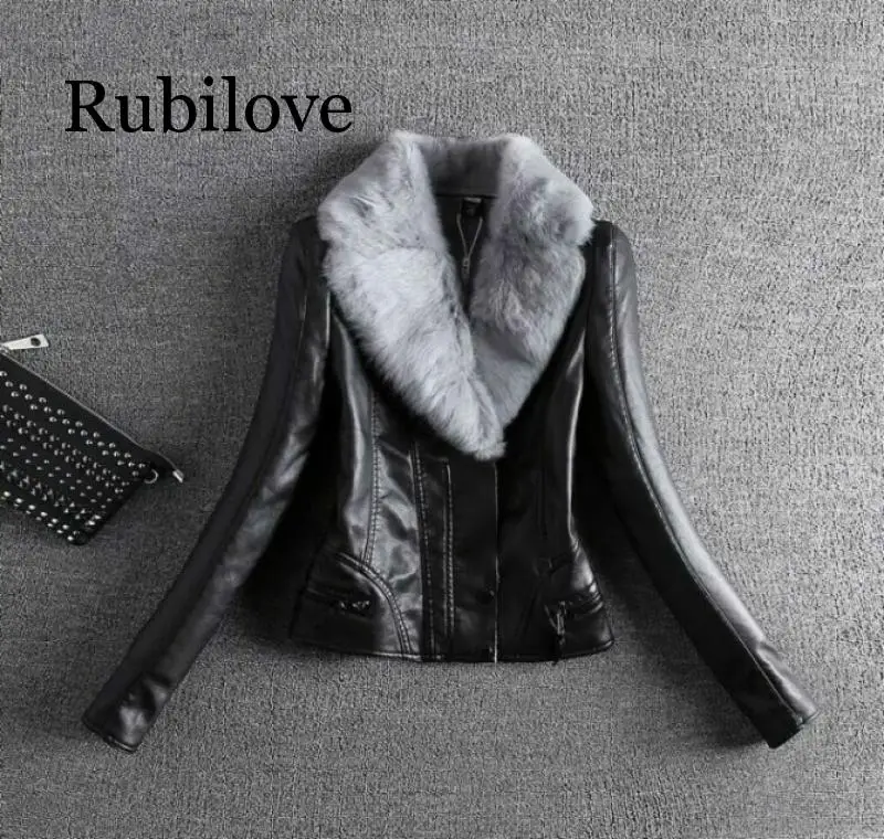 

Rubilove New Slim Rex Rabbit Real Fur Collar Thick Women Leather Jacket Autumn And Winter Thick Leather Coats Outerwear Plus 4XL