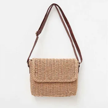 

Women Fashion Shoulder Bag Handmade Exquisite Handbags Straw Bale Mini Weave Flip Sweet Pastoral Girl Bag Holiday Gift Beige