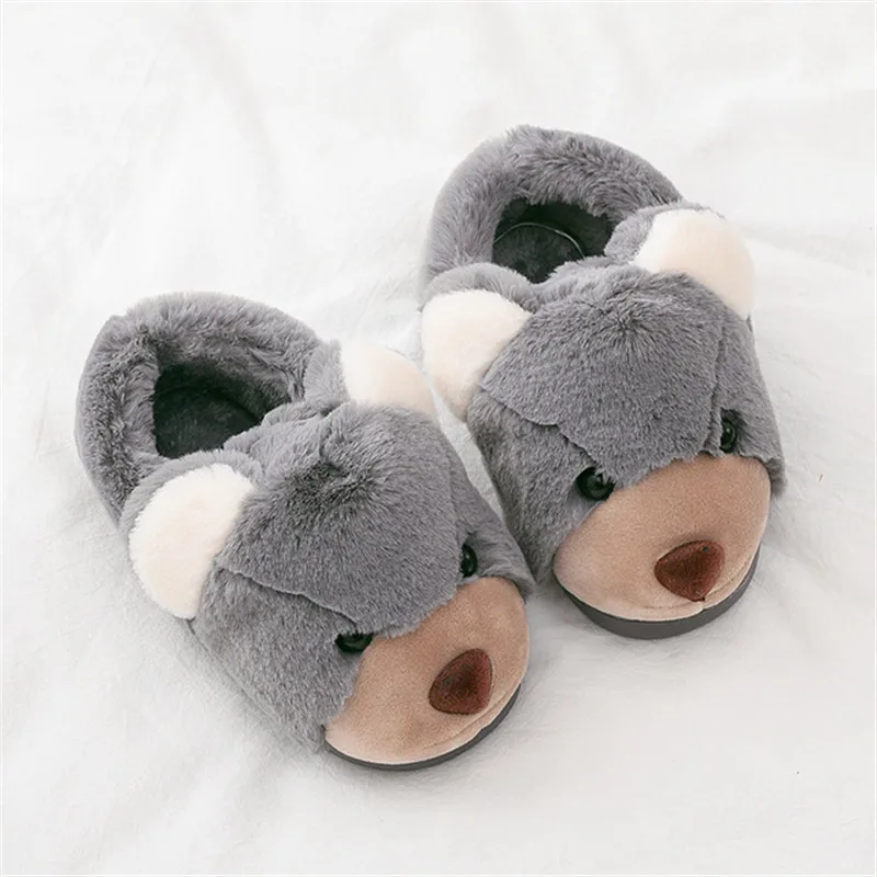 Suihyung/зимние детские тапочки; домашняя обувь с милым медведем из мультфильма; детские плюшевые тапочки без застежки; домашняя хлопковая обувь для мальчиков и девочек; 4 цвета - Цвет: Серый