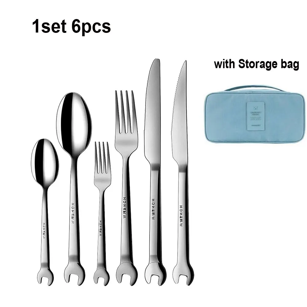 1set with bag Нержавеющая сталь творческий в форме гаечного ключа вилка, ложка, посуда S чай k нож ужин фрукты десерт длинные вилки чайная ложка Пикник Кемпинг - Цвет: 1set with bag
