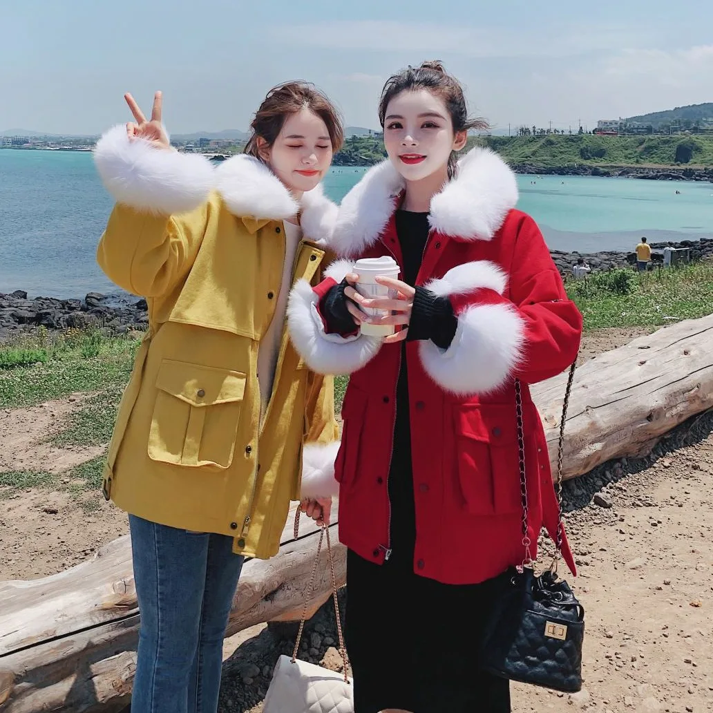 

Photo Shoot Main Push in Douyin Imitation Rabbit Fur Fold-down Collar Sweet Beige Apricot Workwear Cotton Coat Women's Waist Hug