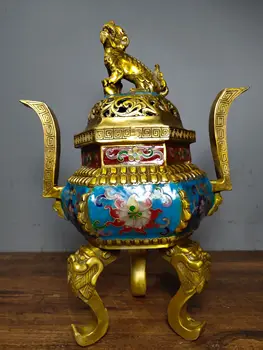 

11" Tibet Buddhism Temple Old Bronze Cloisonne Dragon head three-legged gluttonous pattern double ear lion cover incense burner