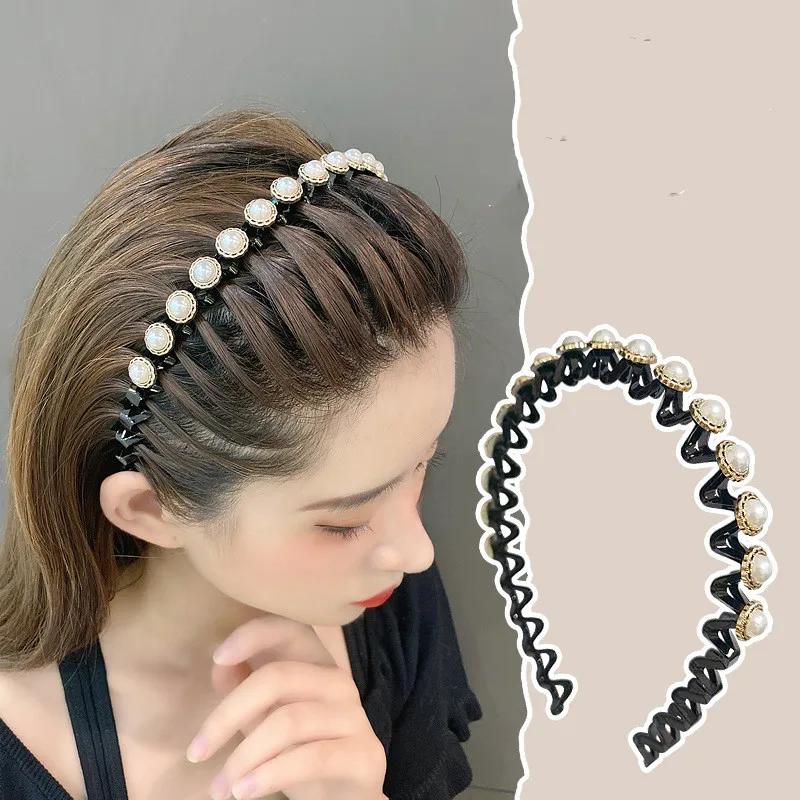 Simple Black Wavy Teeth Comb Non Slip Hair Hoop Pearl Rhinestone Hair Band For Women Girls Hairclip Headband Hair Accessories