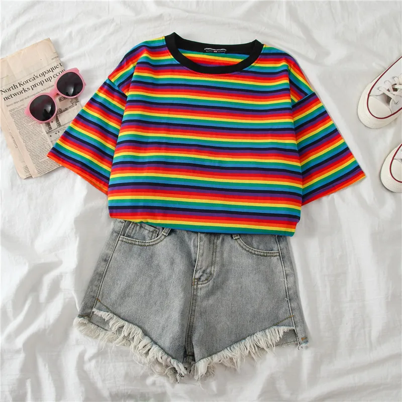 Minimalist Short Sleeve Women clothes Vogue Tops tee shirt couple clothes tshirt top Sweet Rainbow Stripe Women Summer T-Shirt