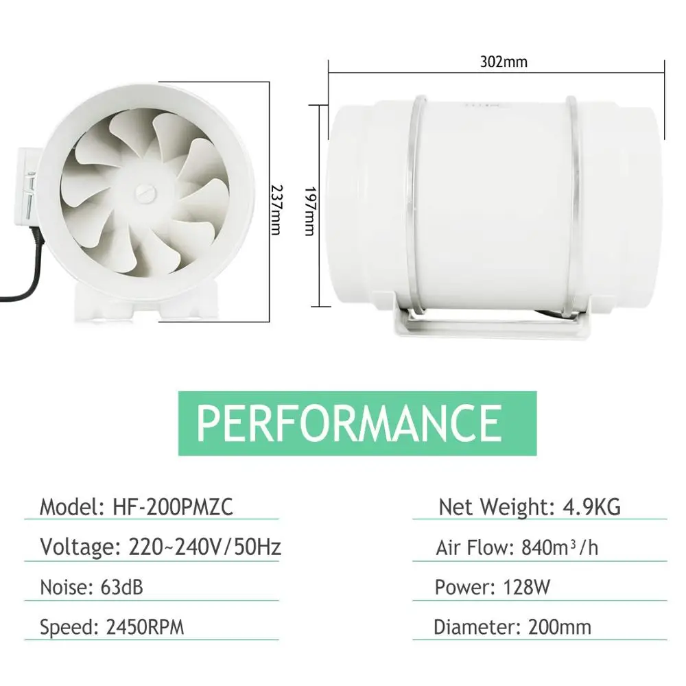 Hon&Guan 8 Inch Timer Extractor Inline Duct Fan with Smart Controller for Bathroom Ventilation Fan; HF-200PMZC