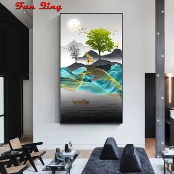 

Diamond painting Nordic modern abstract landscape golden deer, mountain, water 5d diy diamond embroidery cross stitch home decor