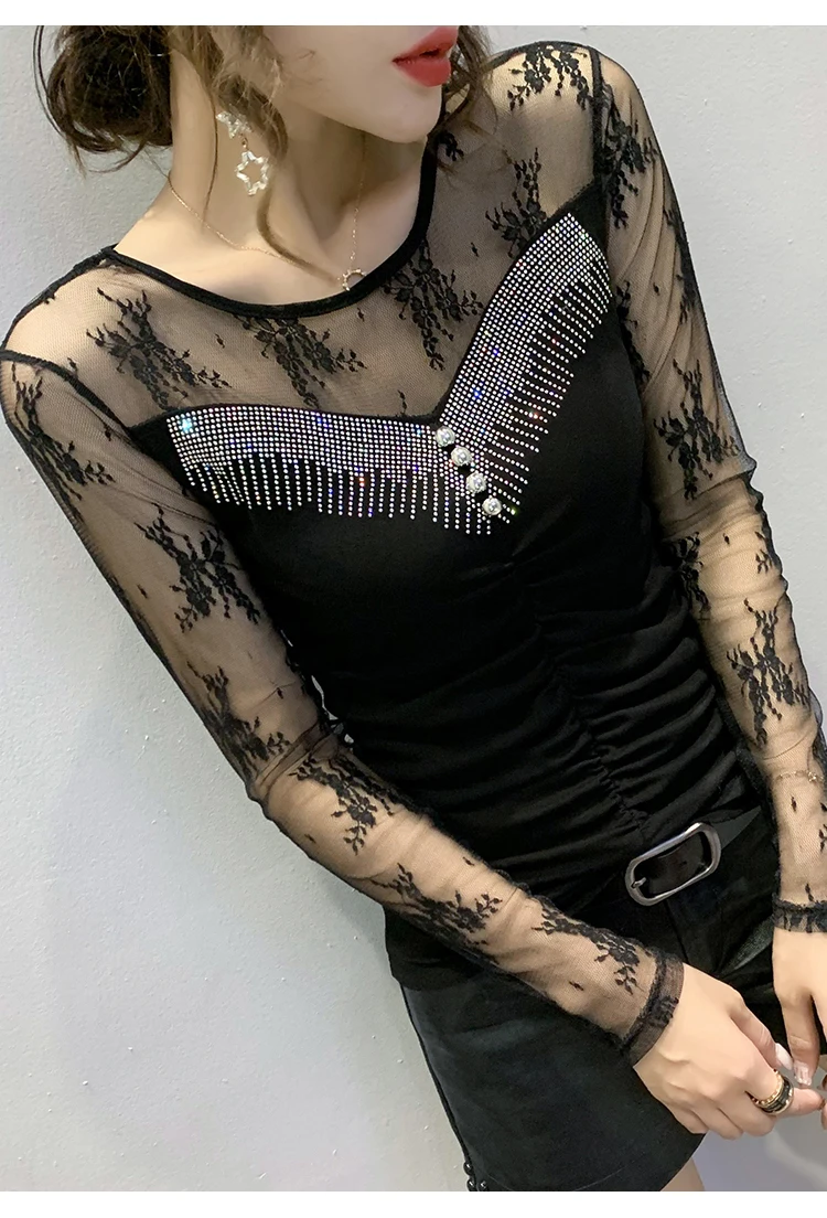 New 2020 Autumn long sleeve Women t-shirts Fashion Sexy hollow out Hot drilling Mesh shirt Plus size womens shirt blusas