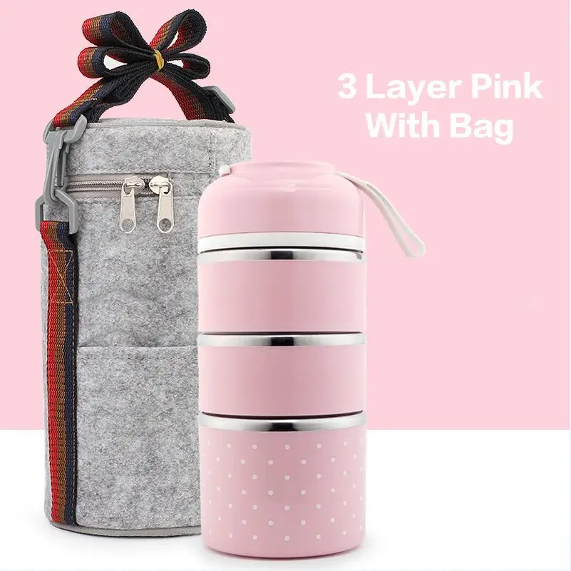 Милый Ланч-бокс из нержавеющей стали для детей школьная портативная герметичная порционная коробка Bento для хранения еды контейнер - Цвет: 3 Layer Pink Bag