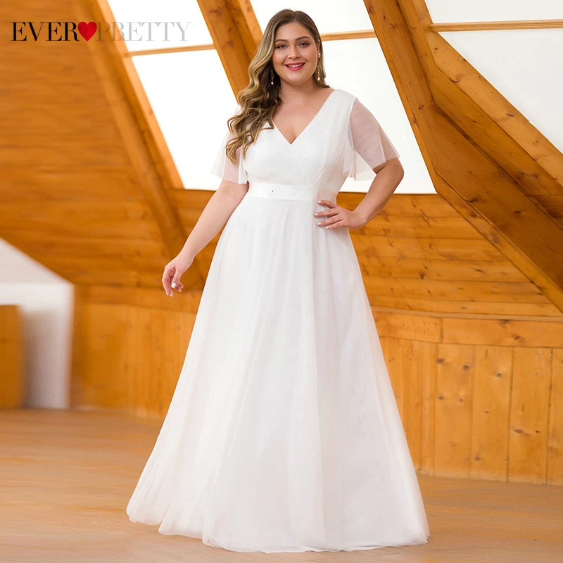Белые свадебные платья Ever Pretty A-Line размера плюс с коротким рукавом рюшами на