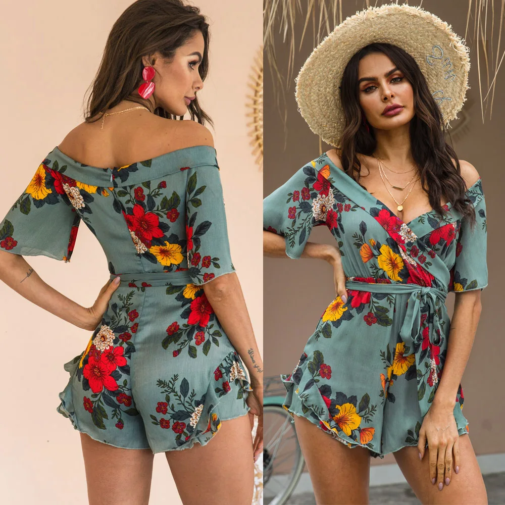 

Women Sexy Floral Boho Jumpsuit Summer Casual Off Shoulder Short Romper Ruffle Elegant Holiday Beach Playsuit Overall