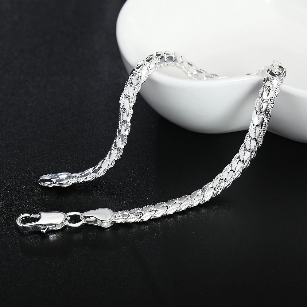 DOTEFFIL 925 Sterling Silver 5m Side Flat Chain Bracelet For Women Fashion Wedding Engagement Party Charm Jewelry
