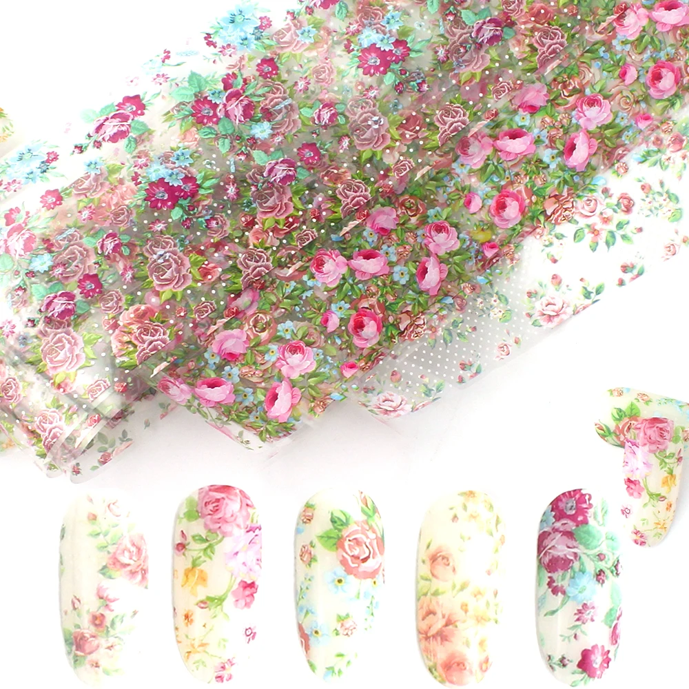 10pcs Rose Flowers Designs Transfer Foil Nail Foil for Manicure Sliders Nail Stickers Adhesive Nail art Decoration wraps 4