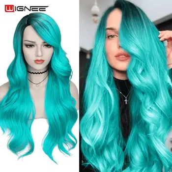 

Wignee 2 Tone Ombre Long Blue Water Wave Hair Heat Resistant Synthetic Wig For Women Side Part Cosplay/Party Natural Hair Wigs