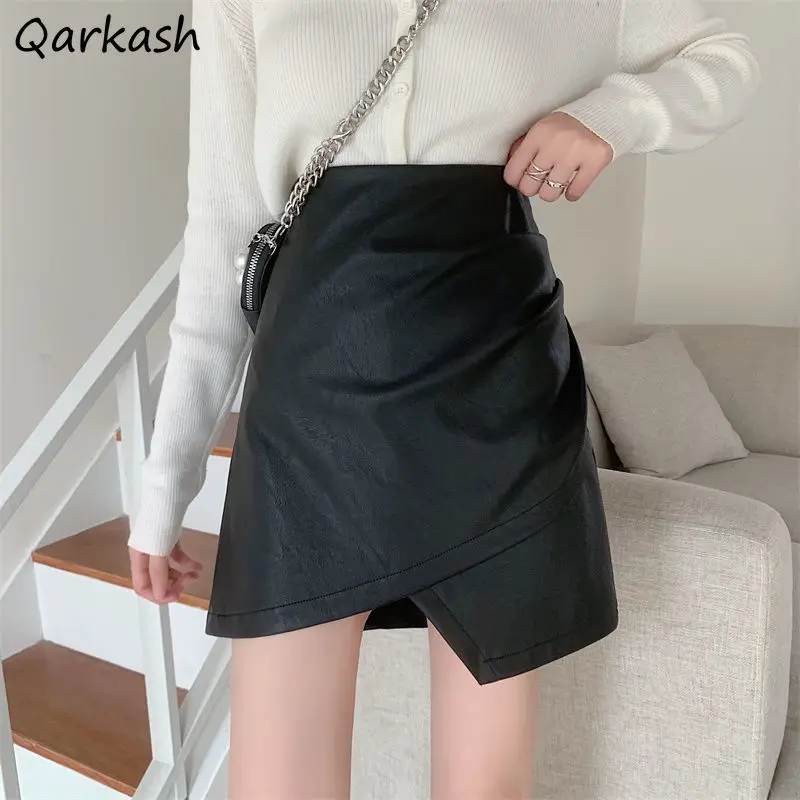 

Irregular Skirts Women Design Folds PU Black Mini Skirt Sexy Streetwear New Arrival Empire Bodycon Faldas Mujer Korean Fashion