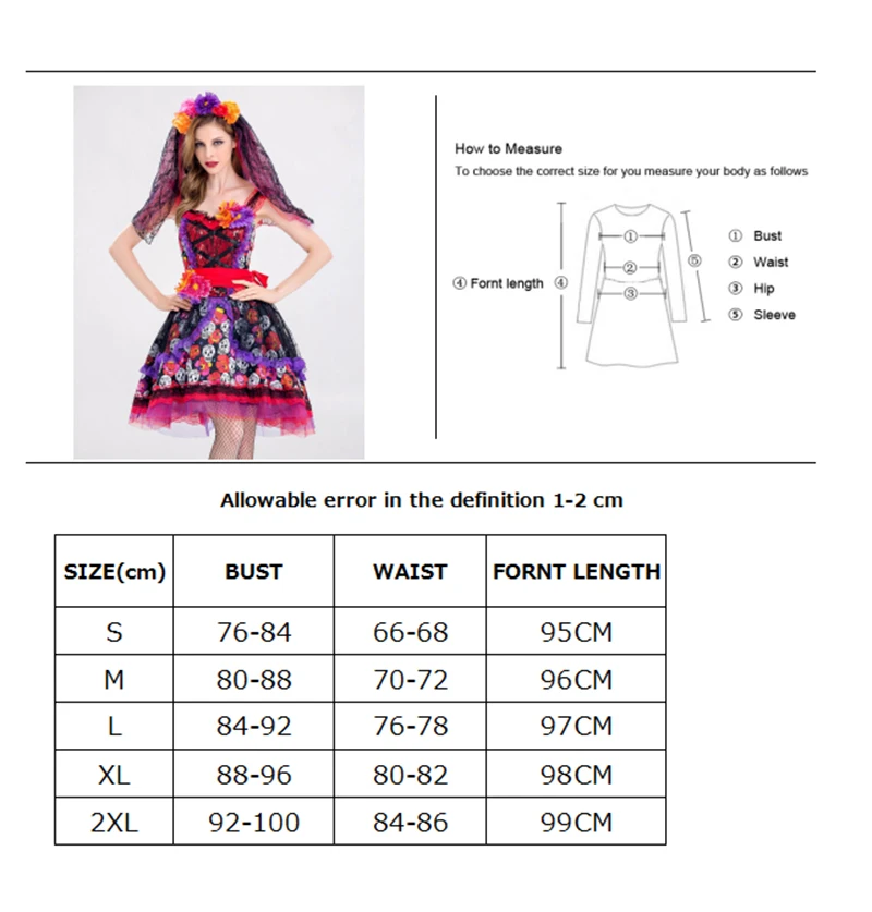 Карнавальный костюм на Хеллоуин леди Мехико День мертвых трупов невесты костюм ужаса кости скелета черепа призрак Косплей Необычные Вечерние платья
